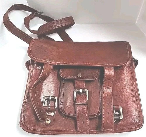 Vtg. Rustic Genuine Brown Leather Messenger Shoulder Bag Cross Body Unisex