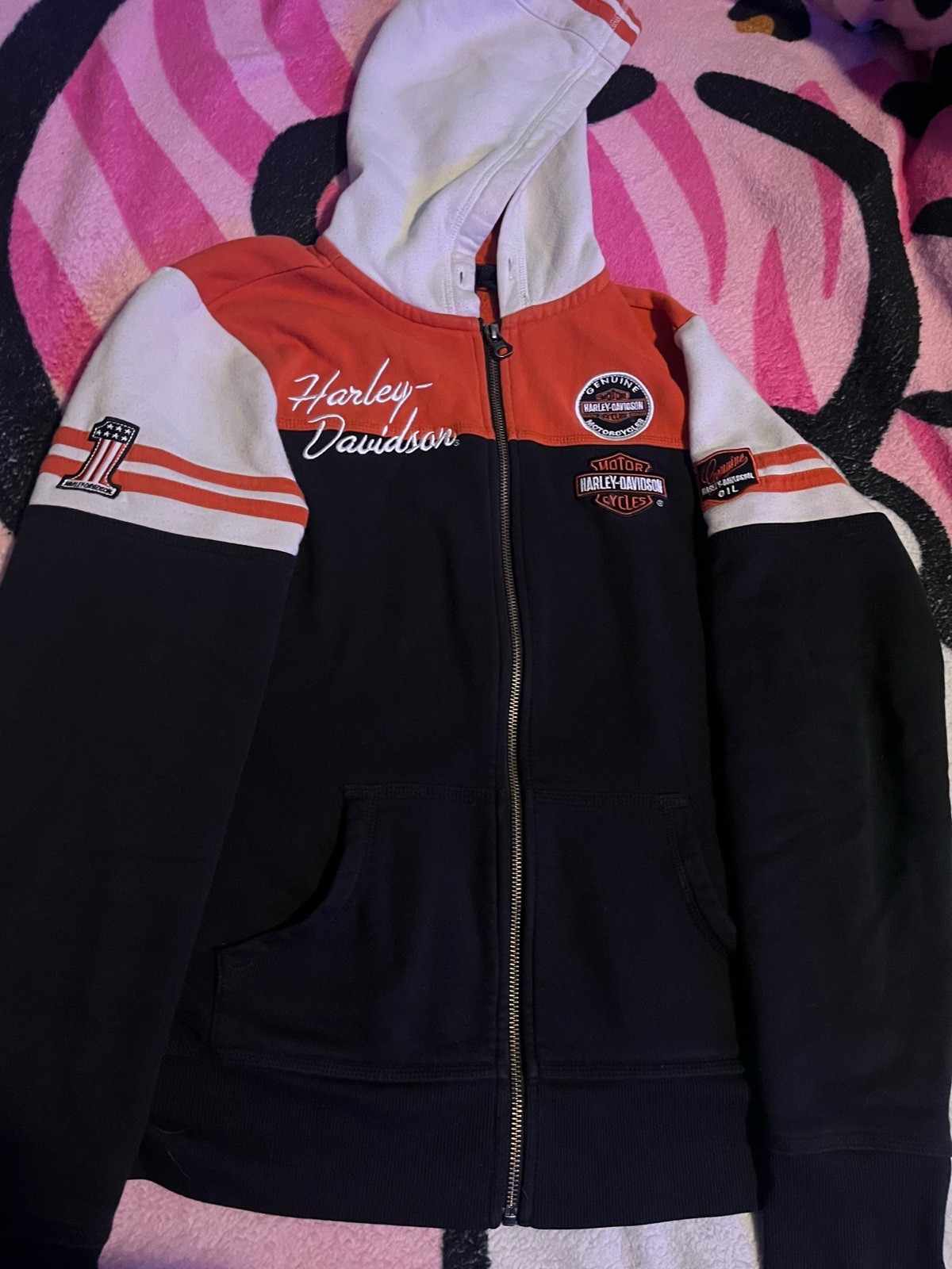 Medium Size Rare Harley Davidson Jacket Zip Up Black And Orange And Cream