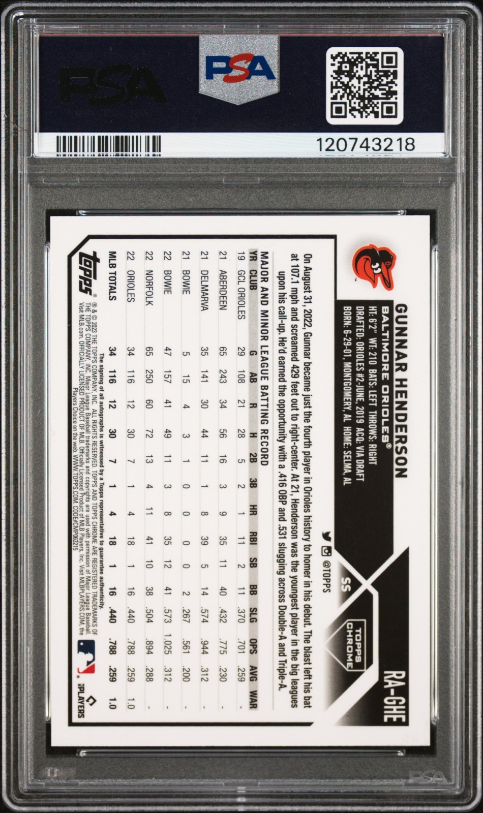 2023 Topps Chrome Gunnar Henderson RC Blue Raywave Auto /150 - PSA 10 - Orioles view 2