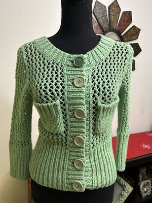 Free People Lime Green Chunky Knit 3/4 Sleeve Sweater Button Down Sz Small EUC