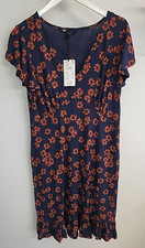 Next Womens Floral Navy Midi Dress Size Uk 14 Fit & Flare Short Sleeves Stretch