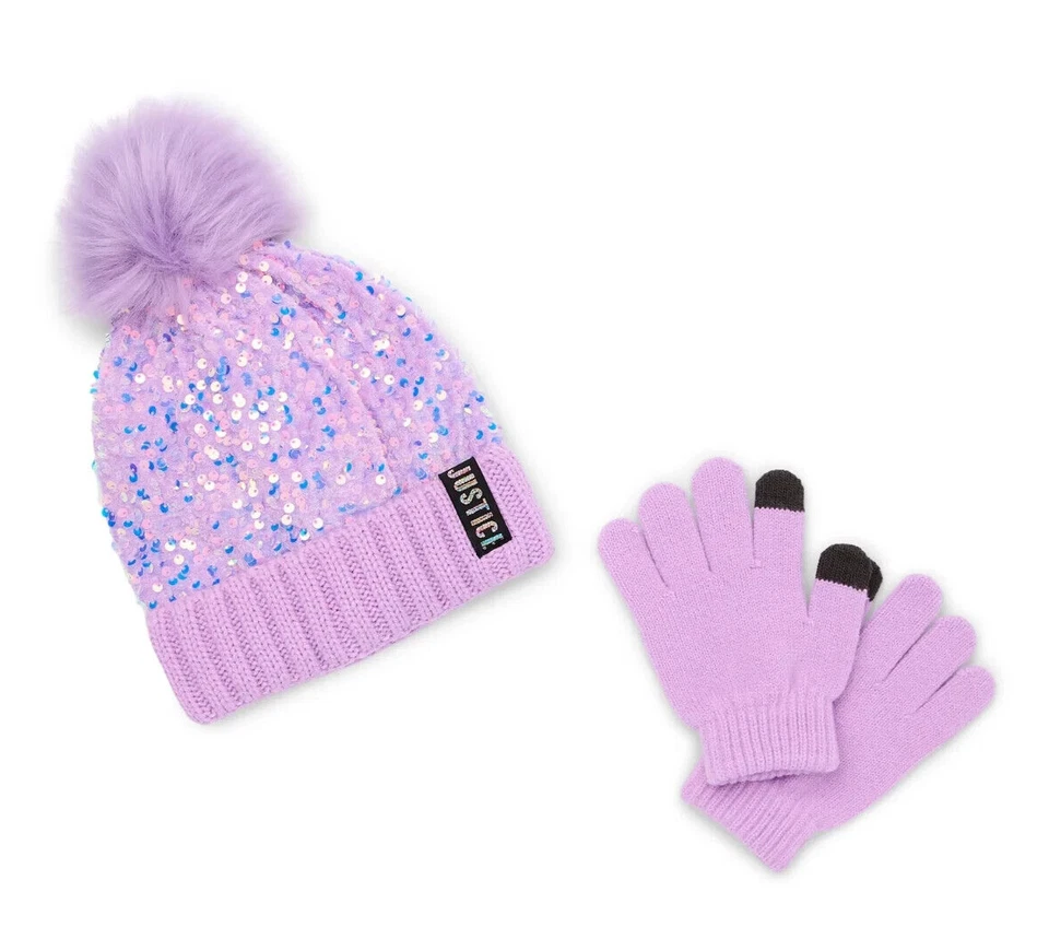 Gorro de lentejuelas Justice Girls con pompón y guantes, conjunto de 2 piezas PÚRPURA NUEVO Foto 4 de 4