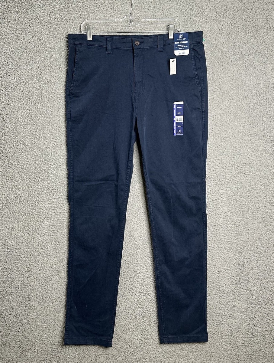 George Chino Pants Men's Size 36x34 Blue Slim Straight Stretch Casual  Polyester