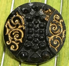 Antique Black Glass Button Gold Foil Embedded Lacy Tunnel Shank 3/4"