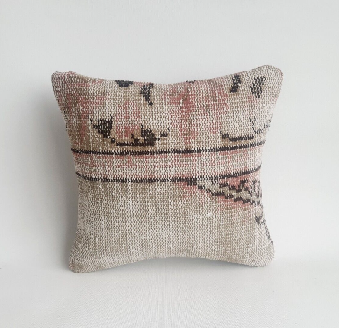 Square Vintage Rug Pillow Cover, Old Faded Wool Carpet Cushion 16x16 in