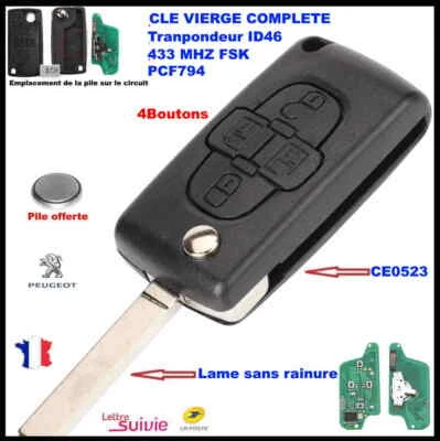 CLE VIERGE CE0523 CIRCUIT PEUGEOT 807/1007 4BOUTONS FSK 433MHZ SS RAINURE - Photo 1/4