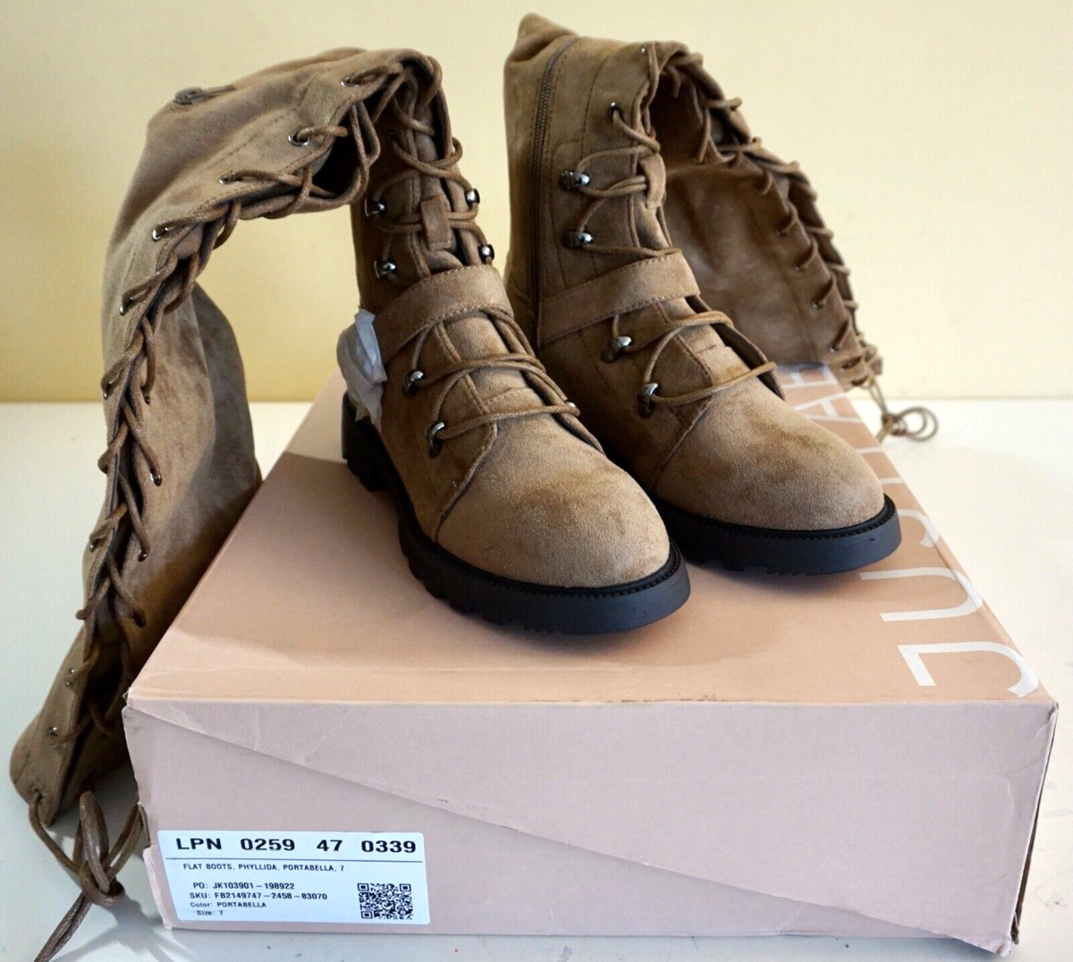 JUSTFAB WOMEN'S PHYLLIDA OVER-THE-KNEE LACE UP BOOT SIZE TAUPE NEW IN  BOX!!!