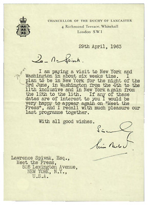 RARE!  British Minister Of Health'' Iain Macleod Hand Signed TLS Dated 1963