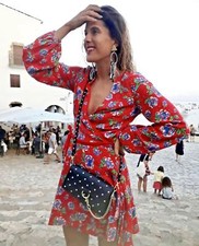 ZARA Rosso Blu Verde Stampa Floreale Crossover Tuta Mini Abito L Grande 12 8 40