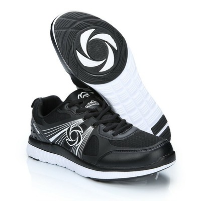 black tennis shoes with white soles