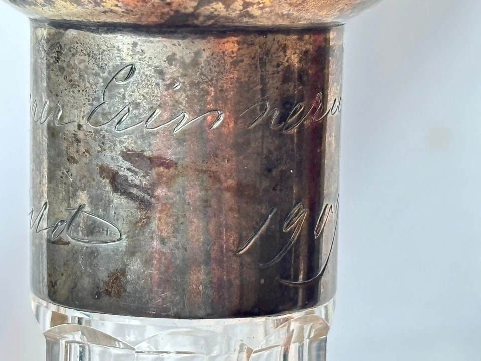 Decantador Art Nouveau 1909 plata alemana y escotilla corte cruz vidrio botella de 3 caños Foto 3 de 4