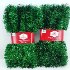 Holiday Time Tinsel Garland Shiny Green 15 Ft each or 30 ft Total Qty 2