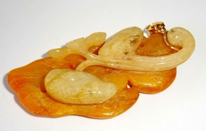 20C Chinese Russet & Yellow Jadeite Jade Ducks & Lotus Carving Pendant (FeO)#22