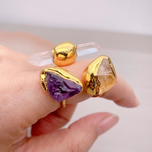 Natural Gemstone Finger Rings Amethyst Citrine Adjustable Cocktail Ring - Picture 5 of 6