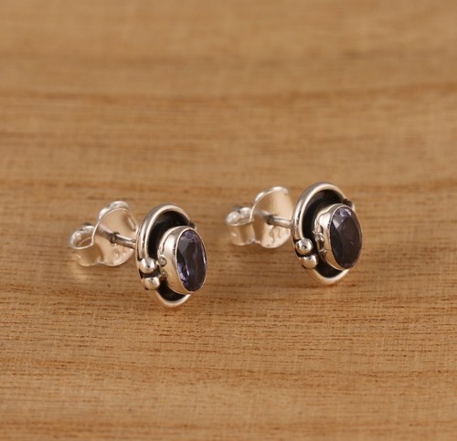 Natural Iolite Solid 925 Sterling Silver Oval Stud Earrings Gift Boxed - Picture 2 of 6