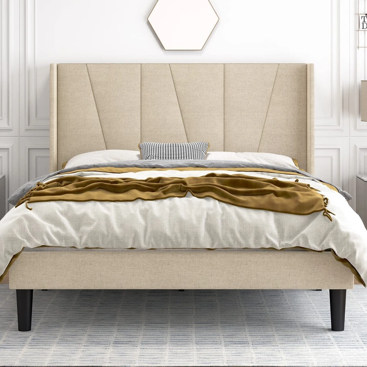 Full Size Platform Bed Frame with Modern Geometric Wingback