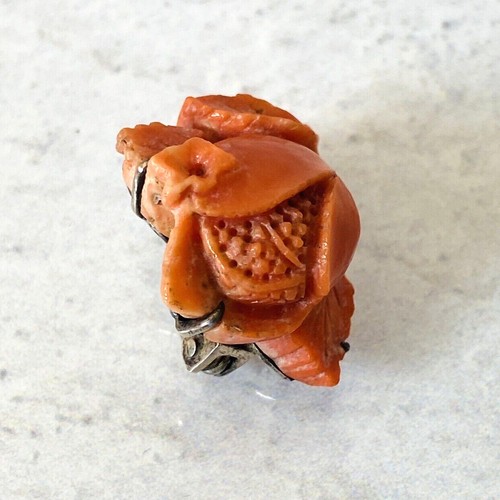 Antique Victorian Hand Carved Coral Flower Pin Detailed Dimensional Petite Silve - Picture 2 of 8