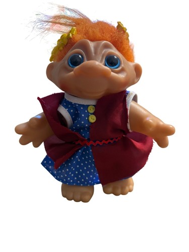 Vintage Troll Doll In Handmade Blue Polka Dot Dress & Red Vest With Orange Hair