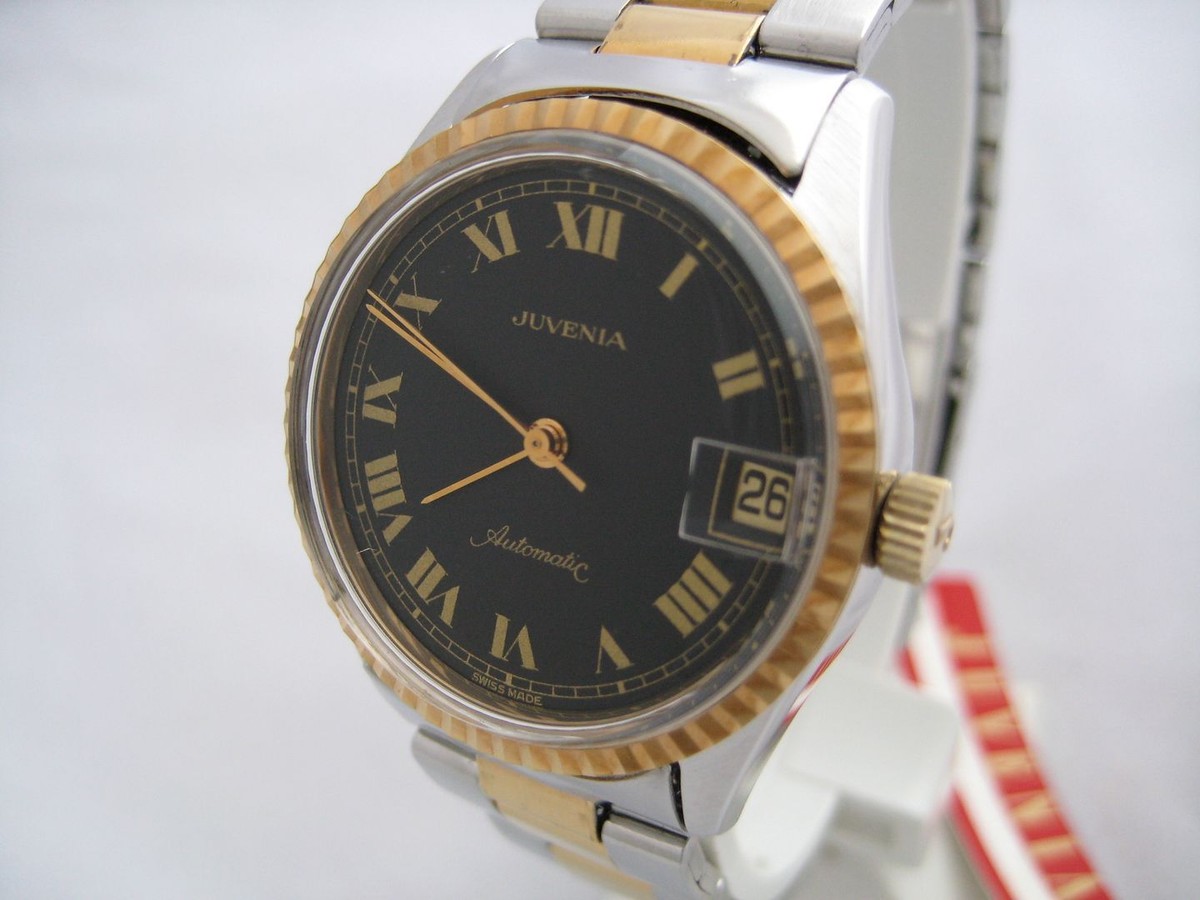 NOS NEW SWISS VINTAGE AUTOMATIC DATE JUVENIA TWO TONE STAINLESS