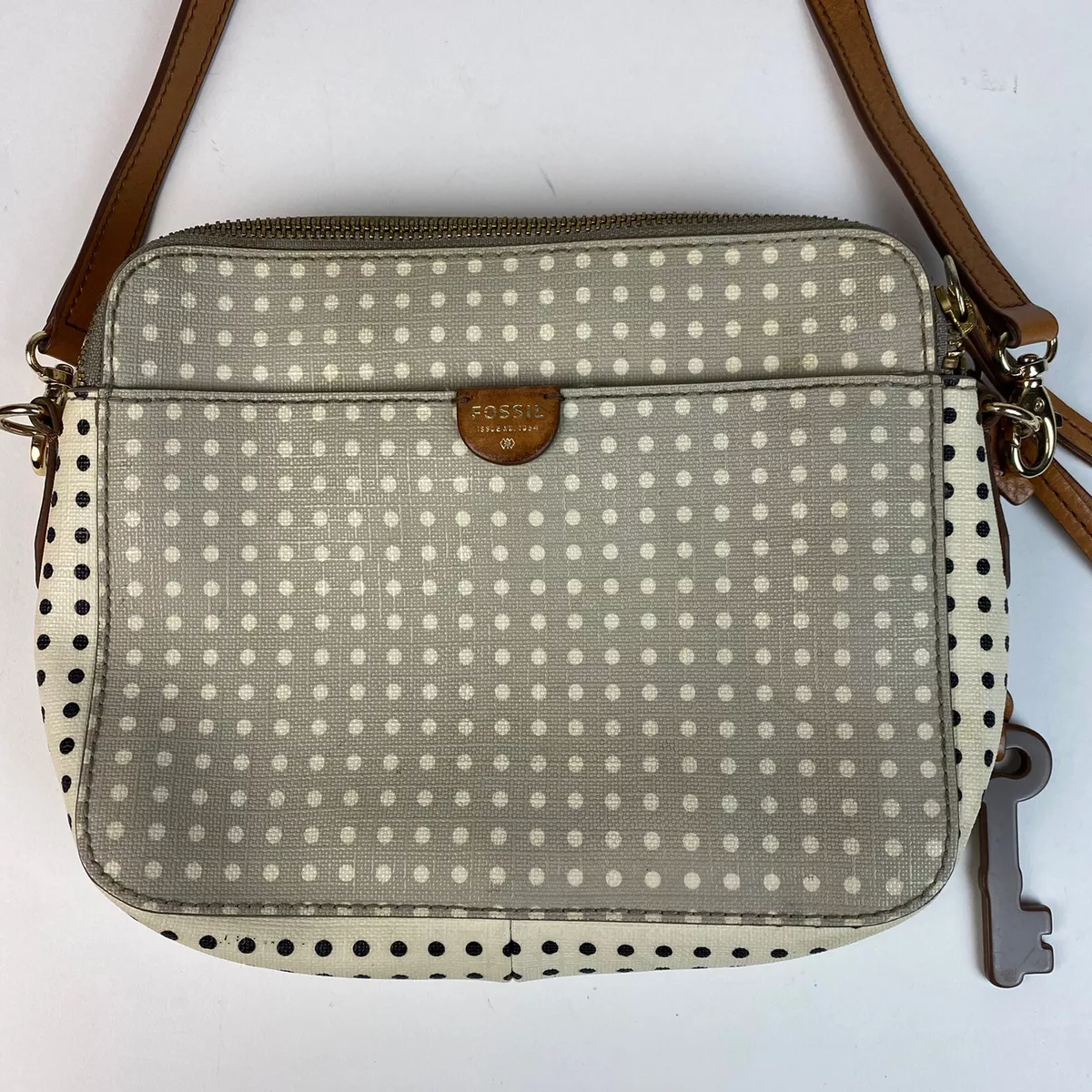 Fossil Sydney Polka Dot Crossbody Purse Grey Ivory Preppy Classic Key
