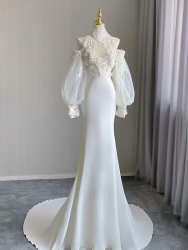 Satin Wedding Dresses Mermaid Long Sleeves Beach White Ivory Bridal Gowns=-= - Picture 4 of 13