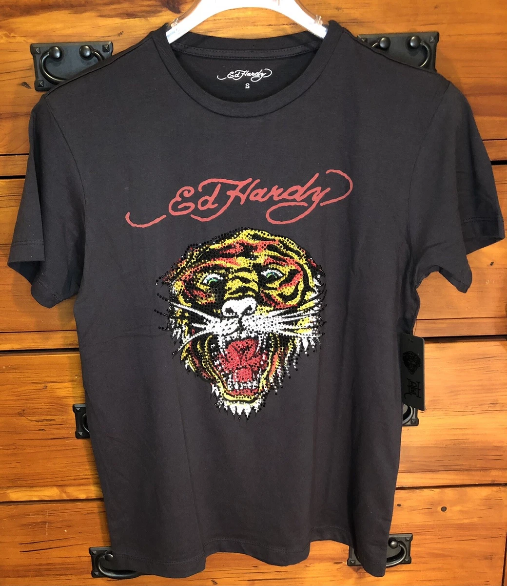 New Ed Hardy X Rhinestone Tiger “BLING” Mens Size S T-Shirt Tee Black Rare