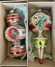 2 EXTRA LARGE Shiny Brite Christmas Finial Indent Ornaments Radko 7”