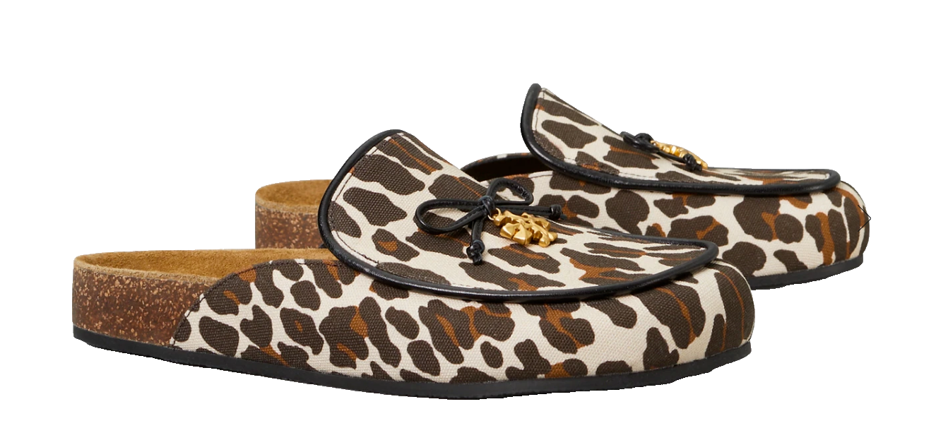Tory Burch Tory Charm Mules Flat Slip-on Reva Leopard Canvas Natural Cork Size 7