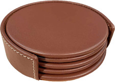 Rustic Brown Leather 4-Round Coaster Set