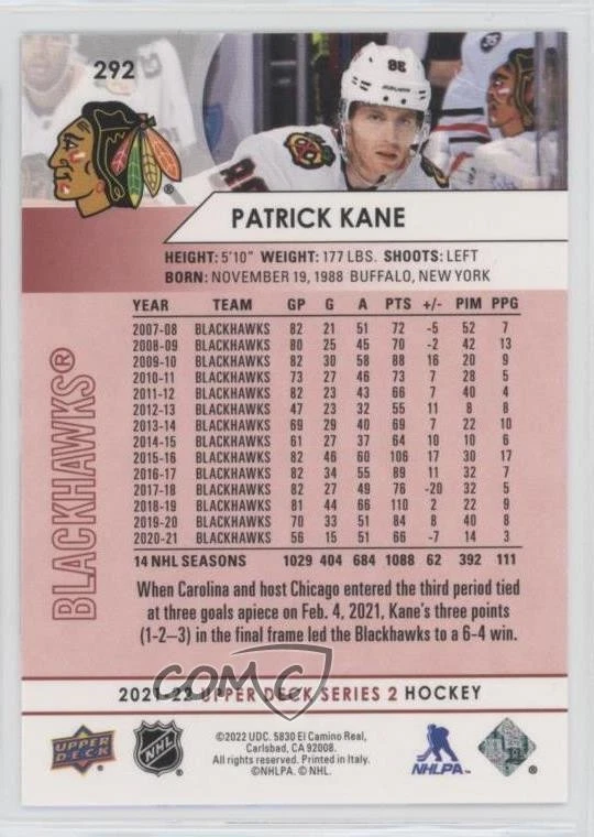 2021-22 Upper Deck Series 2 UD Exclusives /100 Patrick Kane #292 - Image 2 of 2