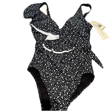 NWT $158 PROFILE BY GOTTEX V-Neck Ruffle One Piece Swimsuit Size 8