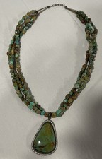 NAVAJO TRIPLE STRAND TURQUOISE CHIP NECKLACE Stamped Sterling J 21” 76g