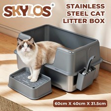 Skylos Stainless Steel Cat Litter Box High Sided Litter Tray with Scoop Pedal