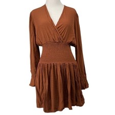 Tally Life Brown Snatched Waist Smocked Surplice Long  Sleeve Mini Dress Women M