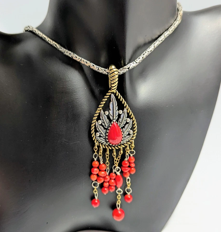 Colgante y cadena potenciadora de coral rojo latón 925 plata esterlina Carolyn Pollack 18" Foto 3 de 4