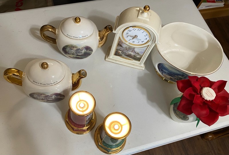 THOMAS KINKAIDE Collection:7 Vintage Kinkade-Painted Teapots,Rose, Clock,Etc.
