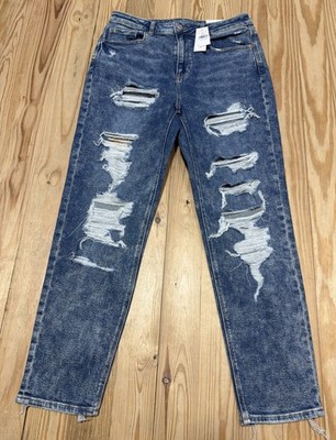 American Eagle Womens High Rise Distressed Mom Jeans Medium Wash Sz 8 Reg New
