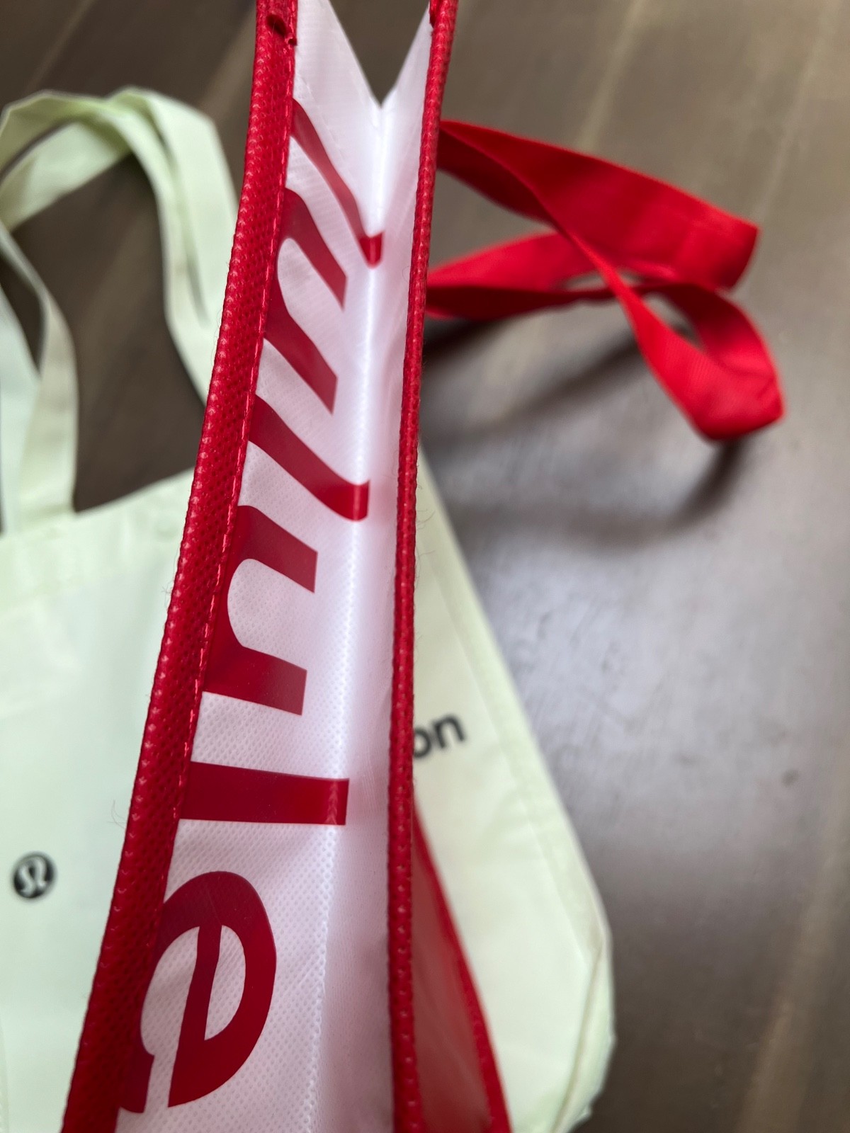 NEW TWO LULULEMON SMALL, SHOPPING TOTE, BAG, MINT GREEN & RED, REUSABLE image 10