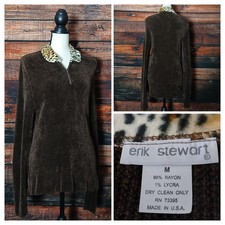 Erik Stewart Vintage Sweater M Brown Rayon Chenille Quarter Zip Made In USA