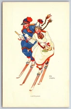 Swedish Artist Aina Stenberg~Art Deco~Lappland~Couple In Costume Ski Downhill