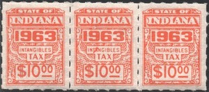 SRS IN D271 $10.00 Indiana Intangible Tax Revenue Strip of Three (1963) MNH