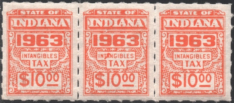 SRS IN D271 $10.00 Indiana Intangible Tax Revenue Strip of Three (1963) MNH