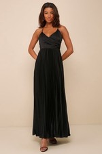 Lulus Black Satin Pleated Maxi Dress V-Neck Strappy Sleeveless Size S 2 4