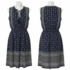 Lucky Brand Navy Blue Boho Geometric Dress M Linen Blend Sleeveless Tassel EUC