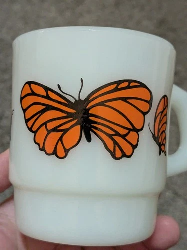 Vtg MCM Fire King Milk Glass Orange Butterfly Coffee Mug Anchor Hocking USA