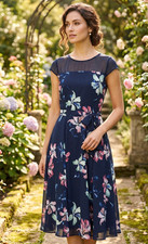 Jacqui E Dress Size 10 Navy Floral Floral Fit & Flare Sheer Lined Party Work