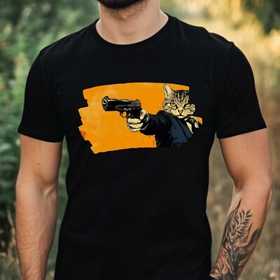 Mens Cat Gun Print Cotton T-Shirt Size XS to 5XL