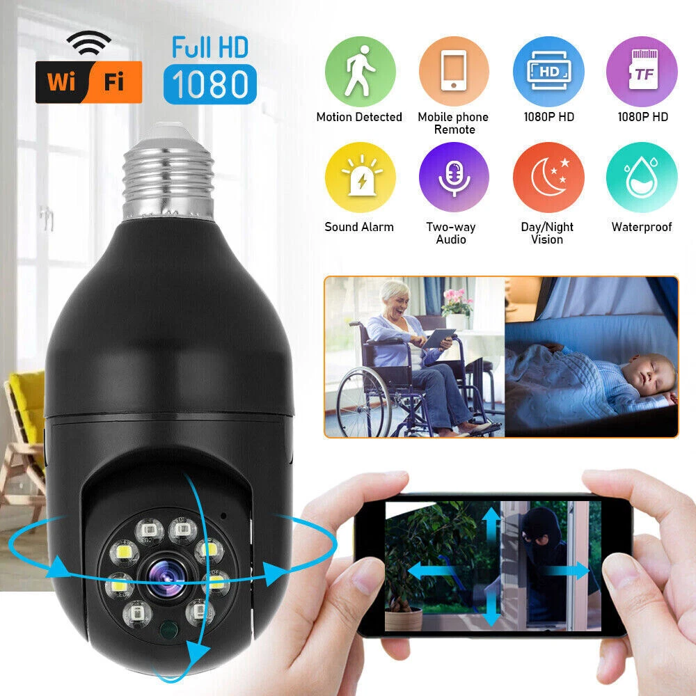 Light Bulb Camera PTZ WiFi 360 Degree Panoramic IP Camera, Surveillance  CCTV Cameras with Night Vision Human Motion Detection and Alarm (with 32 GB