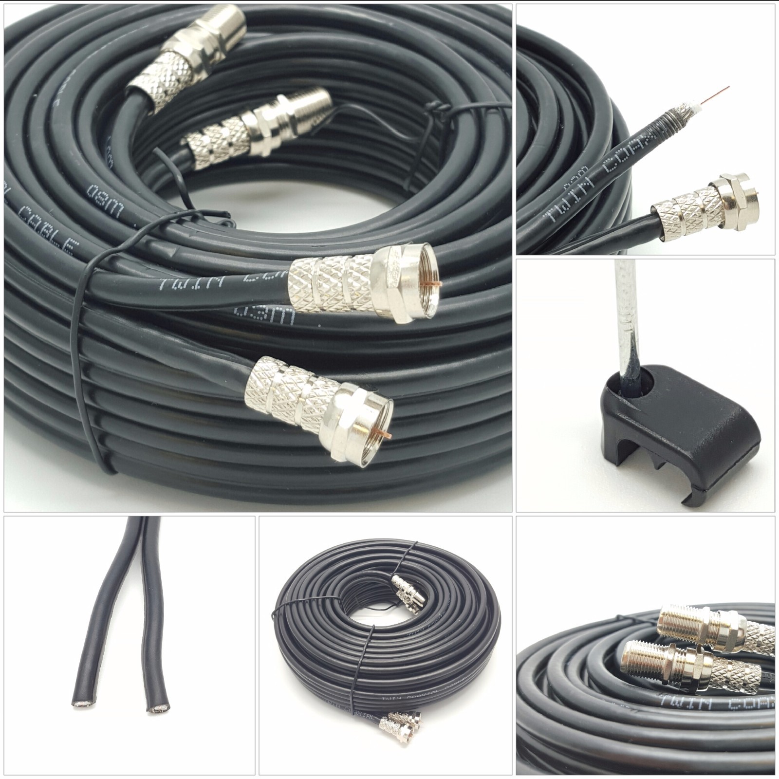 15m Twin Shotgun Satellite Cable for Sky+ / HD  Black TV Coaxial Extension