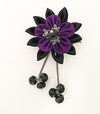 Bridal Japanese Kanzashi Flower Hair Clip Alligator Clip Made With Black And Pur Ebay